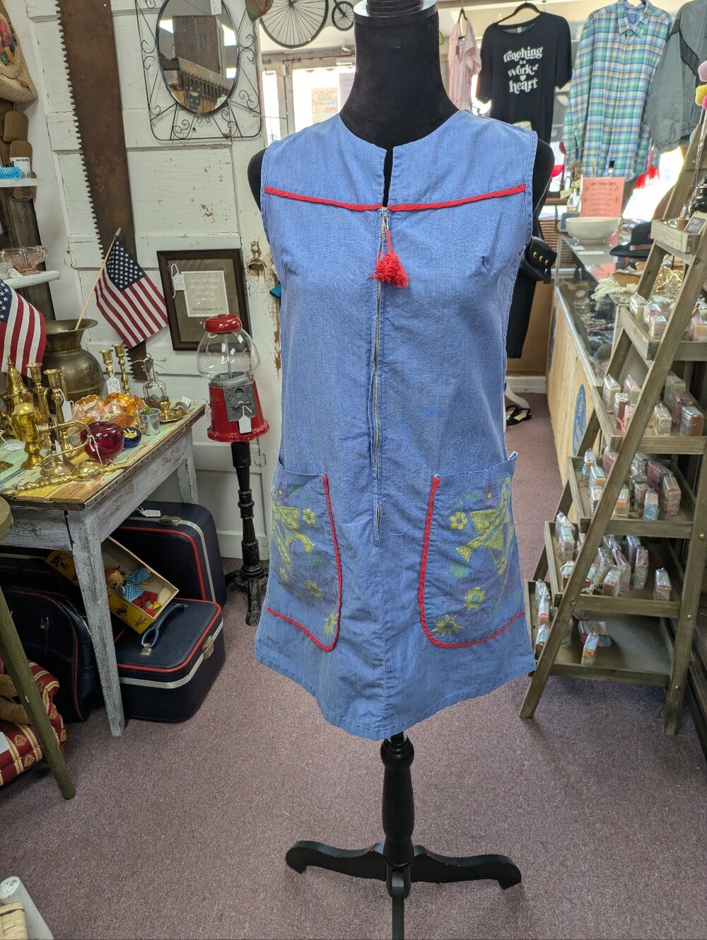 Vintage 1970s Blue Sleeveless Dress with Red Trim
